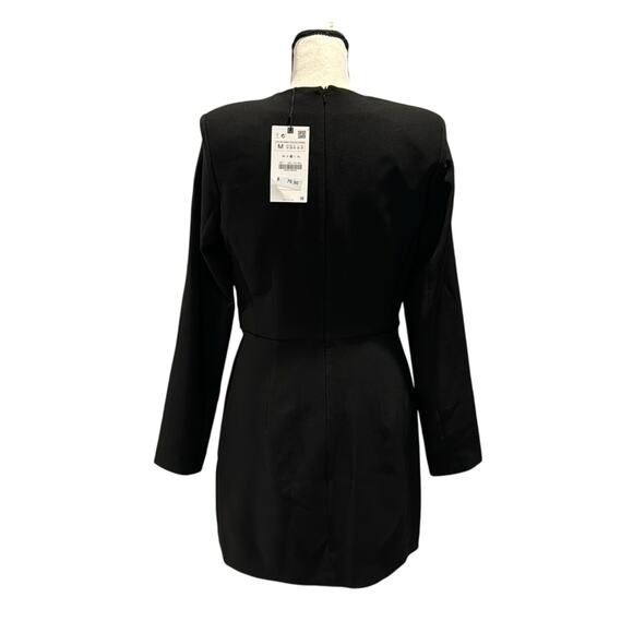 Zara NWT Black Shoulder Pads Mini Dress with Belt with Pearls & Rhinestones. - Picture 6 of 10